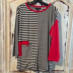 Ali Miles Black and White Striped Top with Red Details